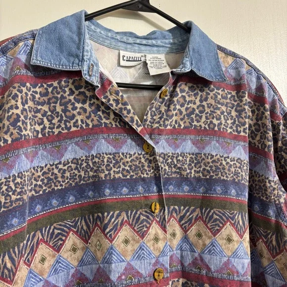 Vintage 90s Mixed Animal Print Geometric Shirt Denim Collar Indiecore XL - Picture 4 of 10